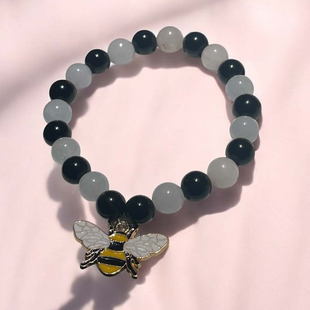Bee 🐝 Charm Bracelet with Black and White Beads